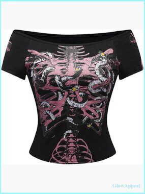 Off Shoulder Crop Top, Gothic Graphic Tee, Slim Fit, Short Sleeve